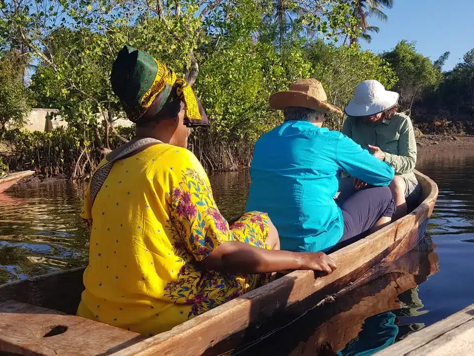 Une pirogue avec des touristes en balade dans les mangroves sur l'île